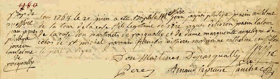 Certificat de baptême de Jean Jaques Philipe Joacin Anselme de la Tour de la Case, du 20 juin 1768, Bordeaux, paroisse Sainte-Croix - Archives municipales de Bordeaux 1768 bapteme fils pasqually